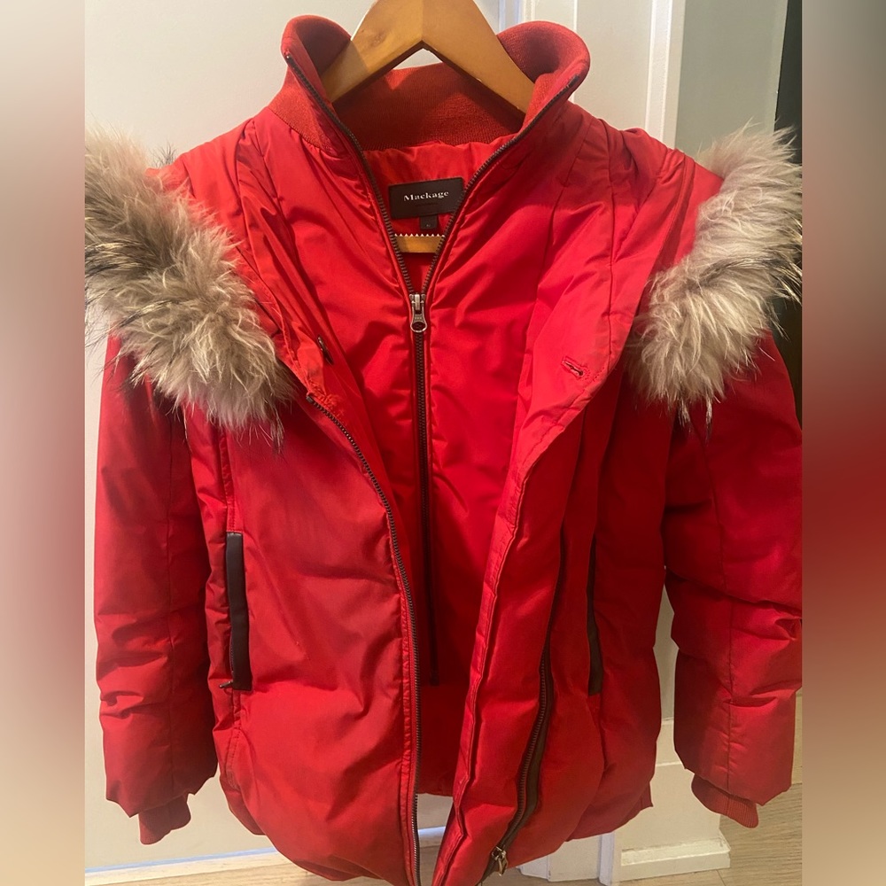 Mackage Vibrant Red Puffer Jacket with Fur Hood